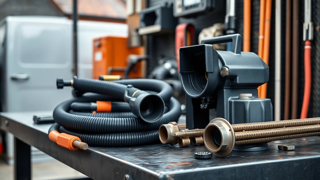 Drainage tools laid out on a dark workshop bench