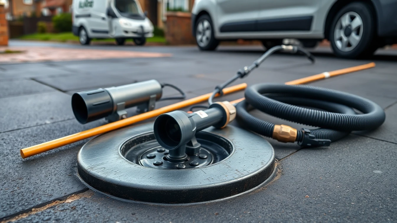 Flat-lay of drain rods, CCTV camera and jetting hose on a dark surface
