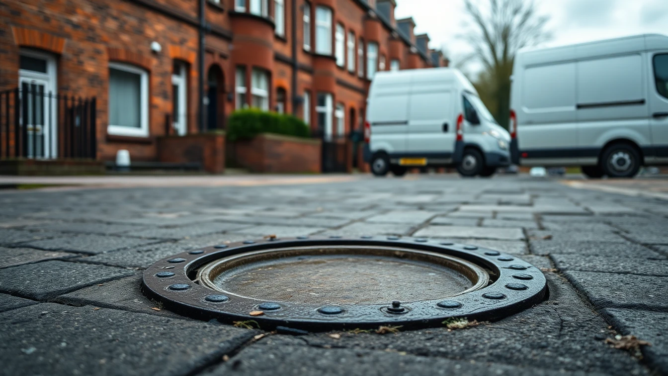 Open manhole on a Glasgow suburban close, red sandstone tenements visible behind