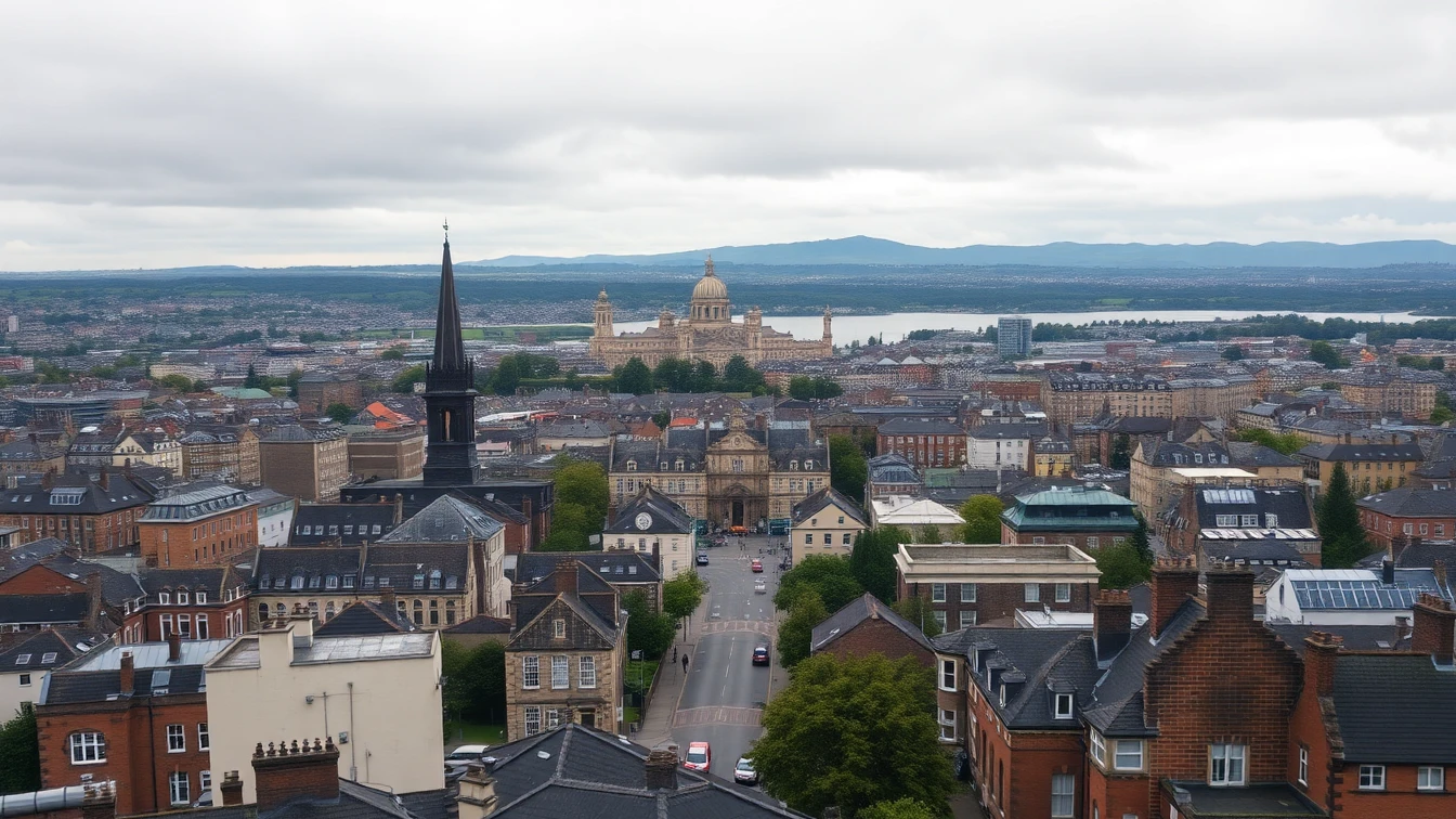 Aerial view of Glasgow city centre with George Square and River Clyde visible, Campsie Fells in the distance