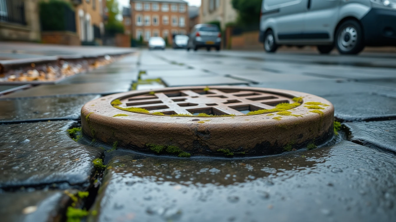 Glasgow sandstone drain grate on wet Scottish pavement